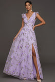 Lilac Flora Appliqued V Neck A Line Long Formal Dress with Slit