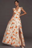 Lilac Flora Appliqued V Neck A Line Long Formal Dress with Slit