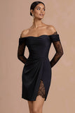 Bodycon Ruched Off the Shoulder Short Little Black Dress with Slit