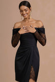Bodycon Ruched Off the Shoulder Short Little Black Dress with Slit