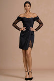 Bodycon Ruched Off the Shoulder Short Little Black Dress with Slit