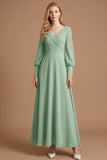 Green A Line V Neck Ruched Long Wedding Guest Dress with Sleeves