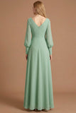 Green A Line V Neck Ruched Long Wedding Guest Dress with Sleeves
