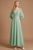 Green A Line V Neck Ruched Long Wedding Guest Dress with Sleeves