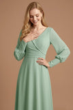 Green A Line V Neck Ruched Long Wedding Guest Dress with Sleeves