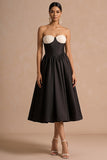 Black Corset Strapless A Line Basque Waist Long Formal Dress