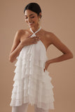 White 2 Piece Ruffled Halter Neck Backless Bridal Suits