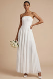 White A Line Strapless Pleated Backless Long Wedding Reception Dress