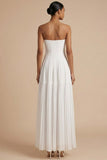 White A Line Strapless Pleated Backless Long Wedding Reception Dress