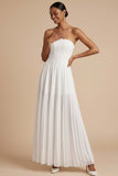 White A Line Strapless Pleated Backless Long Wedding Reception Dress