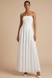 White A Line Strapless Pleated Backless Long Wedding Reception Dress