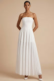 White A Line Strapless Pleated Backless Long Wedding Reception Dress