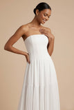 White A Line Strapless Pleated Backless Long Wedding Reception Dress