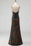 Peacock Green Sparkly Sequined Floral Mermaid Spaghetti Straps Long Formal Dress with Slit