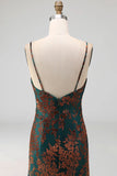Peacock Green Sparkly Sequined Floral Mermaid Spaghetti Straps Long Formal Dress with Slit