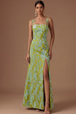 Peacock Green Sparkly Sequined Floral Mermaid Spaghetti Straps Long Formal Dress with Slit