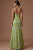 Peacock Green Sparkly Sequined Floral Mermaid Spaghetti Straps Long Formal Dress with Slit