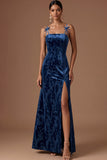 Peacock Green Sparkly Sequined Floral Mermaid Spaghetti Straps Long Formal Dress with Slit