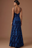 Peacock Green Sparkly Sequined Floral Mermaid Spaghetti Straps Long Formal Dress with Slit