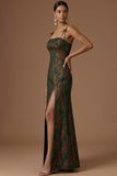 Peacock Green Sparkly Sequined Floral Mermaid Spaghetti Straps Long Formal Dress with Slit