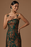 Peacock Green Sparkly Sequined Floral Mermaid Spaghetti Straps Long Formal Dress with Slit