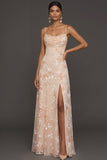 Champagne Mermaid Floral Spaghetti Straps Long Wedding Guest Dress with Slit