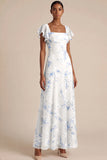 Champagne Pink Floral Draped A Line Flutter Sleeves Maxi Formal Dress