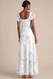 Champagne Pink Floral Draped A Line Flutter Sleeves Maxi Formal Dress