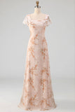 Champagne Pink Floral Draped A Line Flutter Sleeves Maxi Formal Dress