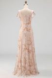 Champagne Pink Floral Draped A Line Flutter Sleeves Maxi Formal Dress