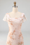 Champagne Pink Floral Draped A Line Flutter Sleeves Maxi Formal Dress