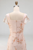 Champagne Pink Floral Draped A Line Flutter Sleeves Maxi Formal Dress