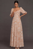Champagne Floral A Line Square Neck Long Wedding Guest Dress