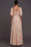 Champagne Floral A Line Square Neck Long Wedding Guest Dress
