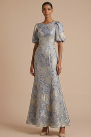Jacquard Floral Mermaid Dusty Blue Round Neck Maxi Formal Dress