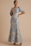 Jacquard Floral Mermaid Dusty Blue Round Neck Maxi Formal Dress