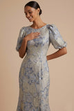 Jacquard Floral Mermaid Dusty Blue Round Neck Maxi Formal Dress