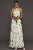 Green Floral A Line Hater Neck Sleeveless Maxi Wedding Guest Dress