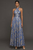 Blue Floral A Line Halter Neck Jacquard Long Wedding Guest Dress