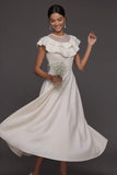 White Ruffled A Line Illusion Neck Long Bridal Shower Dress