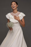 White Ruffled A Line Illusion Neck Long Bridal Shower Dress