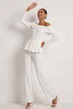 2 Piece White Off the Shoulder Formal Suits with Long Sleeves