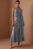 Dusty Blue Satin Halter Neck A Line Long Wedding Guest Dress