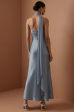 Dusty Blue Satin Halter Neck A Line Long Wedding Guest Dress