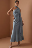 Dusty Blue Satin Halter Neck A Line Long Wedding Guest Dress