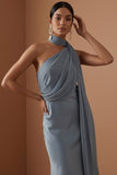 Dusty Blue Satin Halter Neck A Line Long Wedding Guest Dress