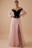 Pink Off the Shoulder A Line Pleated Maxi Wedding Guest Dress with Slit
