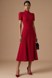 Red A Line High Neck Long Formal Dress with Short Sleeves