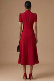 Red A Line High Neck Long Formal Dress with Short Sleeves