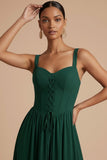 Emerald Green Corset Thick Straps A Line Chiffon Long Wedding Guest Dress